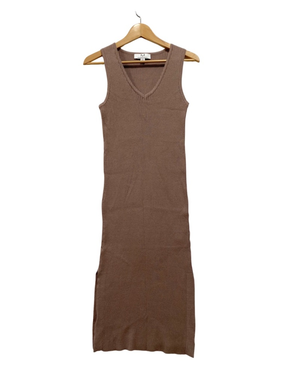 Magaschoni Ribbed Knit V-Neck Midi Sweater Dress Taupe Brown Viscose Blend L